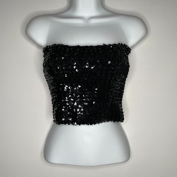 True Vintage 70s Disco Toppettes by A Brod Black Sequin Tube Top - Picture 1 of 8